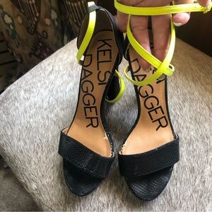 Kelsi Dagger Brooklyn Mackenna black snakeskin with neon ankle strap 7.5